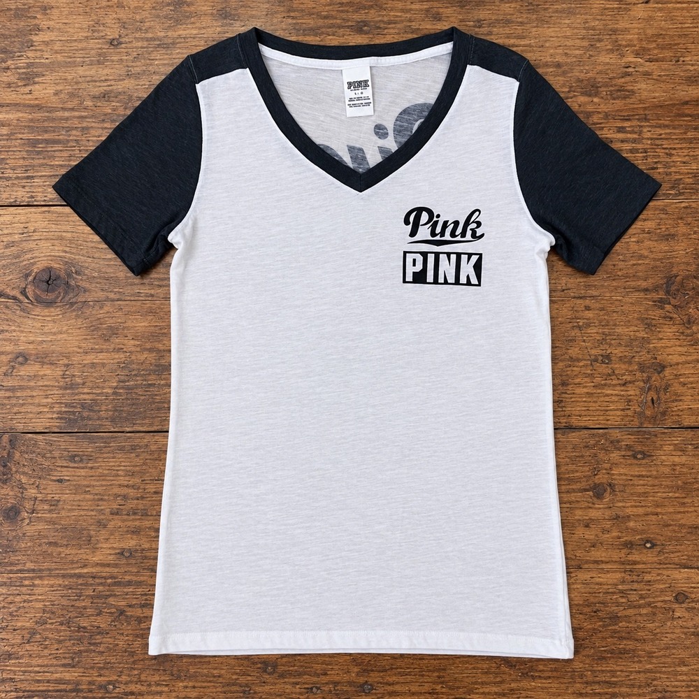 Victorias Secret PINK V-Neck T-Shirt Large White Grey Logo Graphic Tee